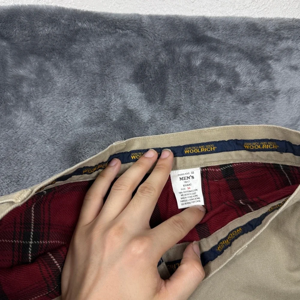 Woolrich Flannel Lined Chino Pants Mens 34x32 Khaki Good Plaid Insulated Cotton